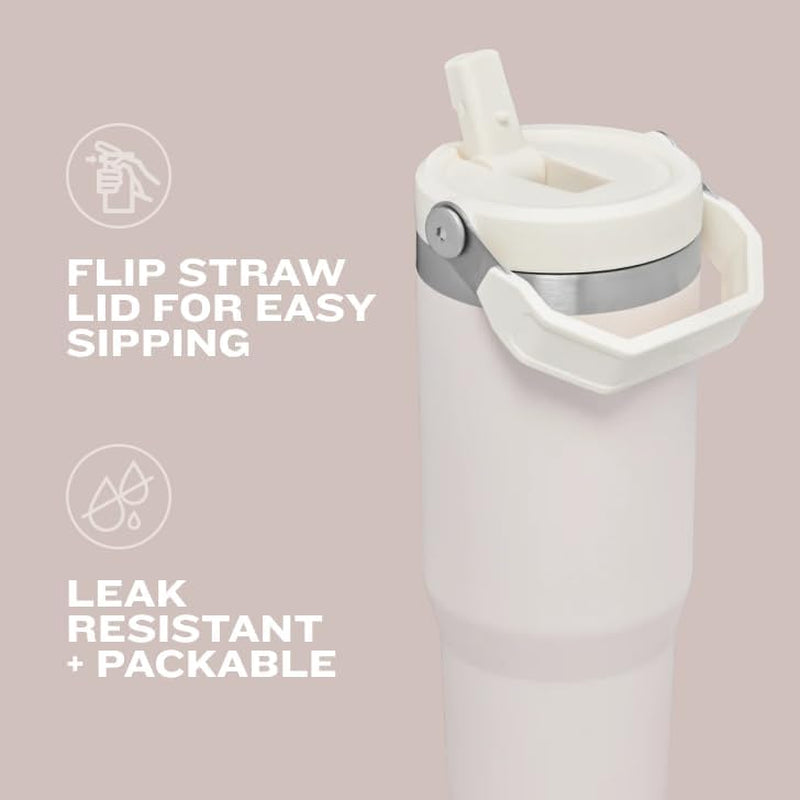 Iceflow Stainless Steel Tumbler with Straw - Vacuum Insulated Water Bottle for Home, Office or Car Reusable Cup with Straw Leak Resistant Flip Cold for 12 Hrs or Iced for 2 Days (Rose Quartz)